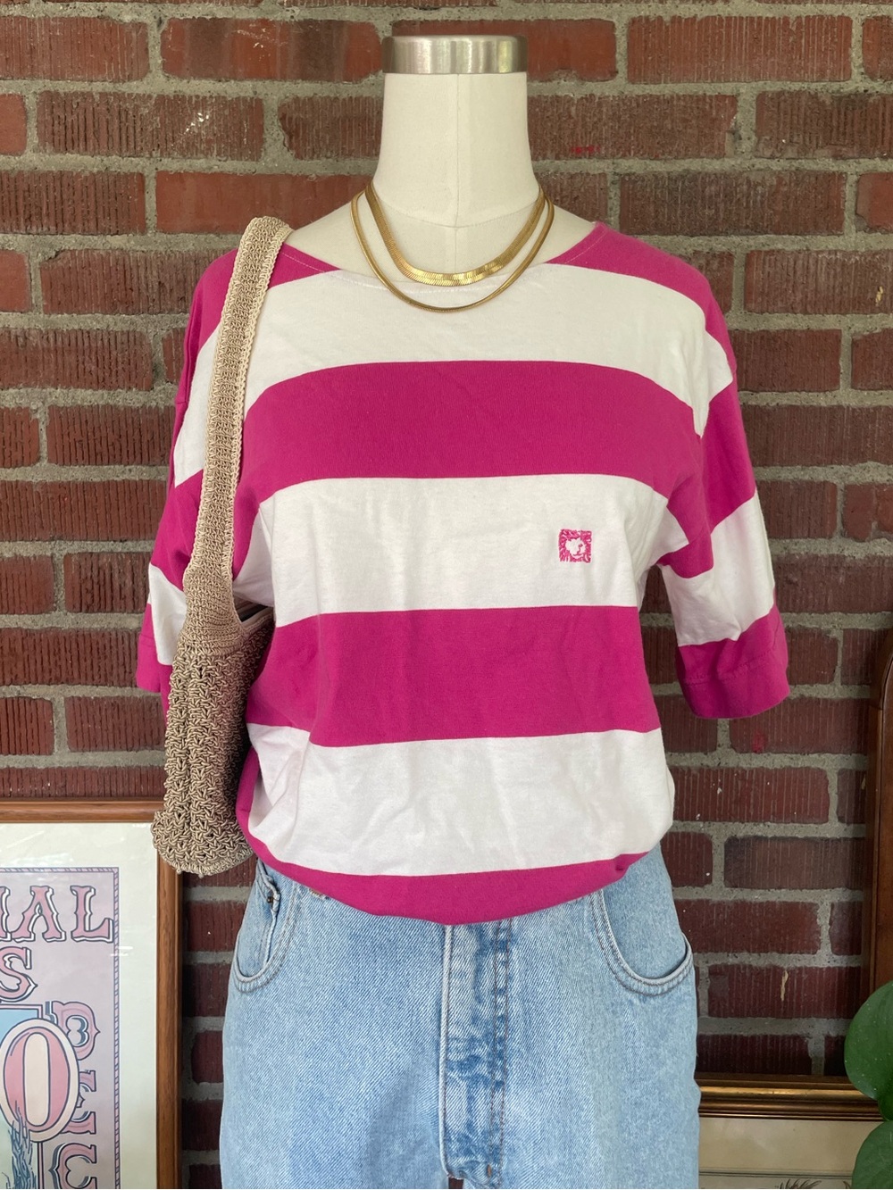 Anne Klein Pink and White Wide-Stripe Boatneck Tee